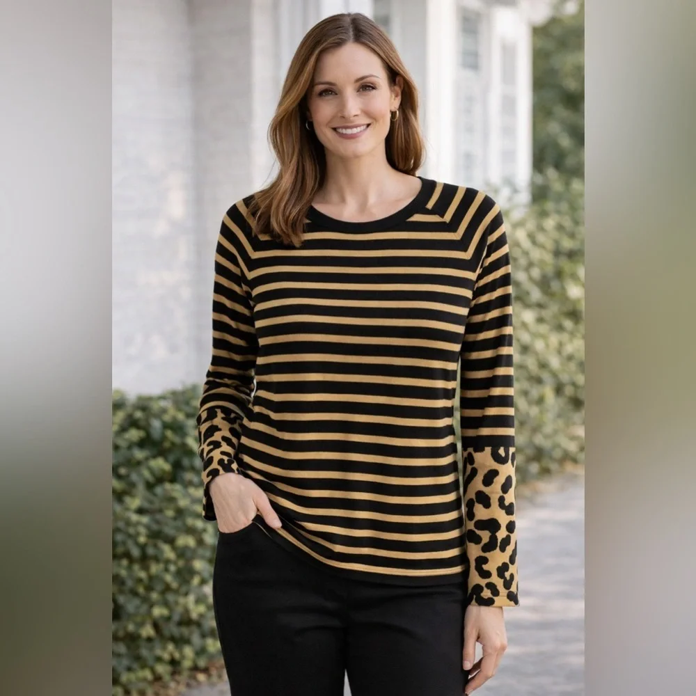 Banana Republic sweater striped animal print crewneck tan black XL New